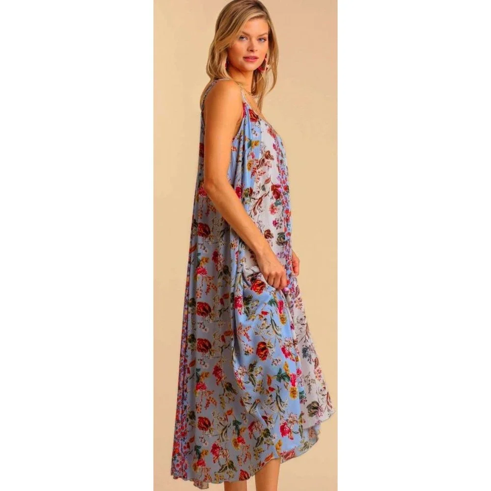 New Umgee S 4 6  Floral Mixed Print Adjustable Spaghetti Strap Hi-Low Maxi Dress - Picture 2 of 4